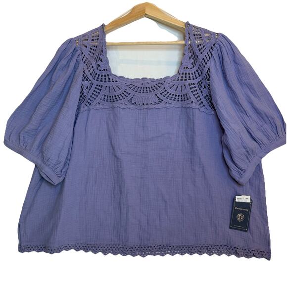 Democracy Tops - Democracy Top 3X Gauze Blouse Boho Purple Crocheted Cottagecore Peasant Fairy